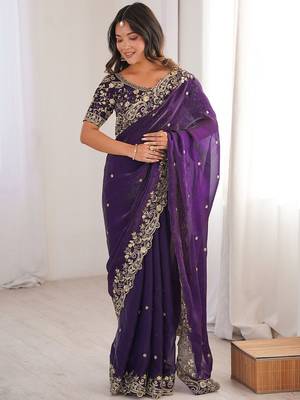 Purple ethnic motifs embroidered satin heavy work saree 1