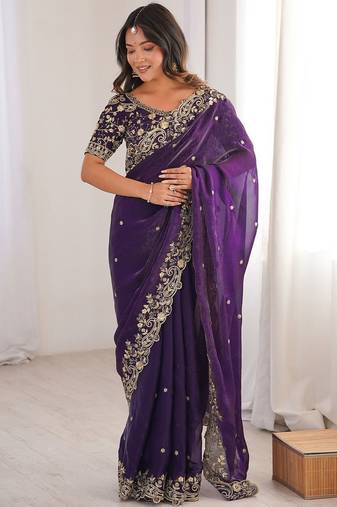 Purple ethnic motifs embroidered satin heavy work saree