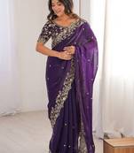 Purple ethnic motifs embroidered satin heavy work saree
