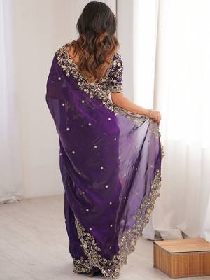 Purple ethnic motifs embroidered satin heavy work saree 2