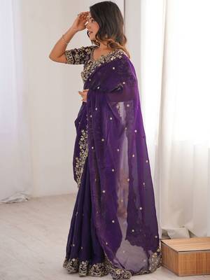 Purple ethnic motifs embroidered satin heavy work saree 3