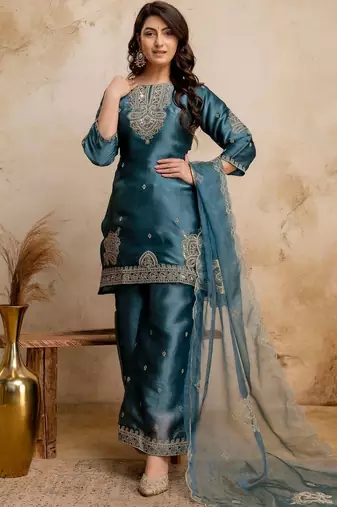 women embroidered regular kurta with palazzos & with dupatta