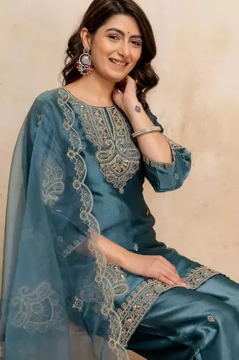 women embroidered regular kurta with palazzos & with dupatta