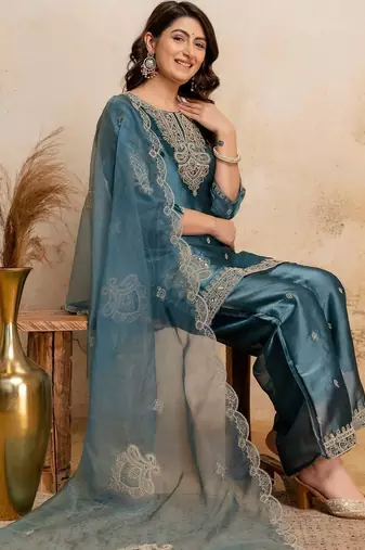 women embroidered regular kurta with palazzos & with dupatta
