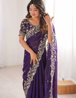 Purple ethnic motifs embroidered satin heavy work saree 4