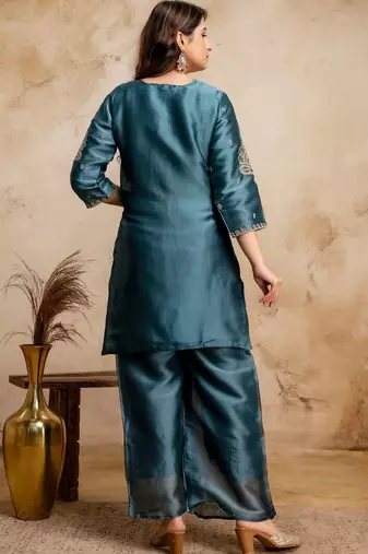 women embroidered regular kurta with palazzos & with dupatta