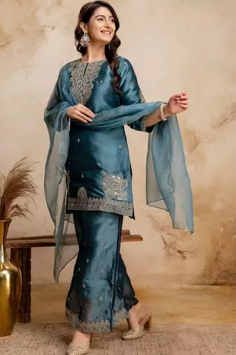 women embroidered regular kurta with palazzos & with dupatta