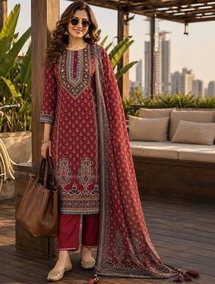 women ethnic motifs printed regular  silk kurta & trousers with dupatta 1