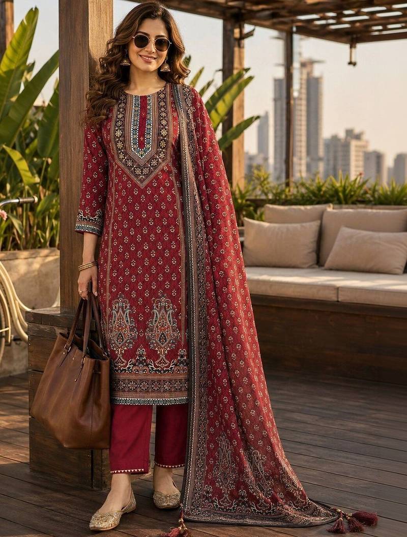 women ethnic motifs printed regular  silk kurta & trousers with dupatta