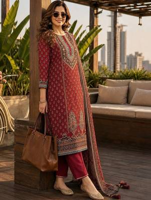 women ethnic motifs printed regular  silk kurta & trousers with dupatta 2