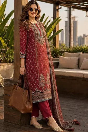 women ethnic motifs printed regular  silk kurta & trousers with dupatta