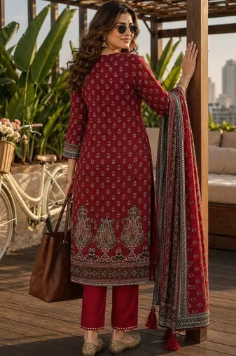 women ethnic motifs printed regular  silk kurta & trousers with dupatta