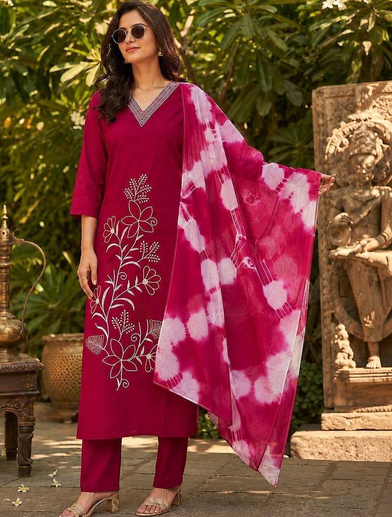 women floral embroidered regular thread work kurta with trousers & with dupatta
