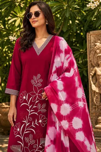 women floral embroidered regular thread work kurta with trousers & with dupatta