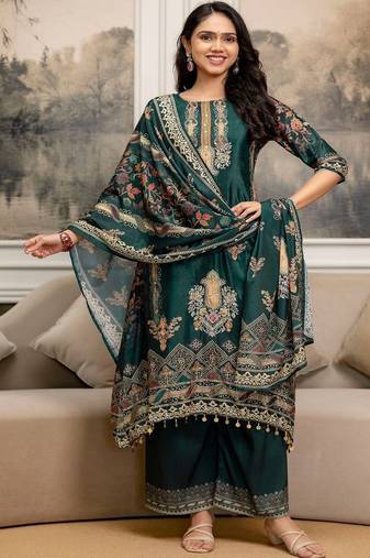 women ethnic motifs printed regular thread work kurta with palazzos & with dupatta