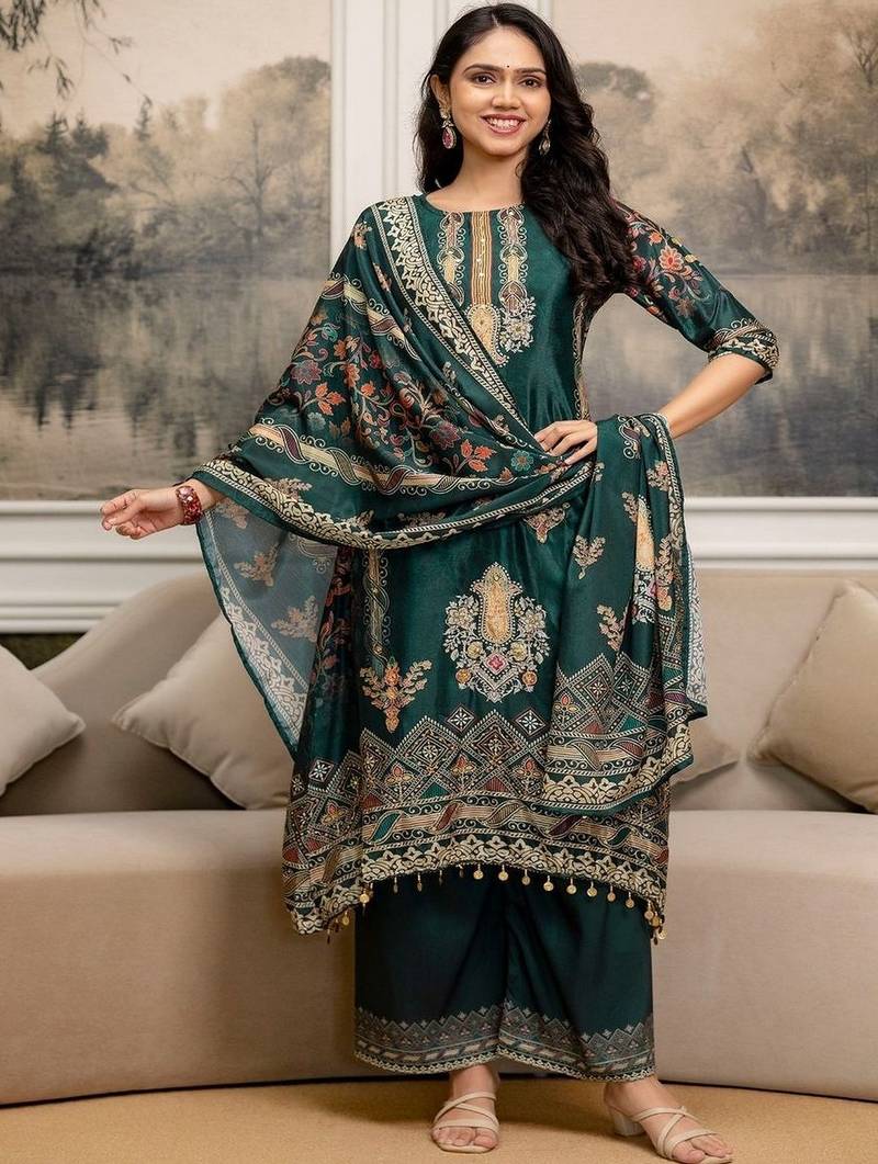 women ethnic motifs printed regular thread work kurta with palazzos & with dupatta