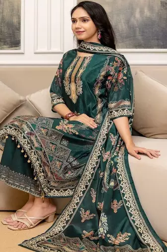 women ethnic motifs printed regular thread work kurta with palazzos & with dupatta