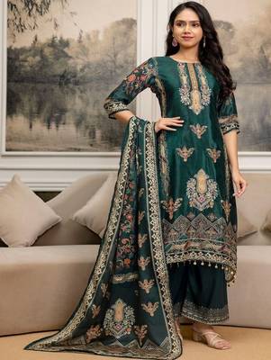 women ethnic motifs printed regular thread work kurta with palazzos & with dupatta 5