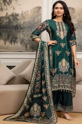 women ethnic motifs printed regular thread work kurta with palazzos & with dupatta