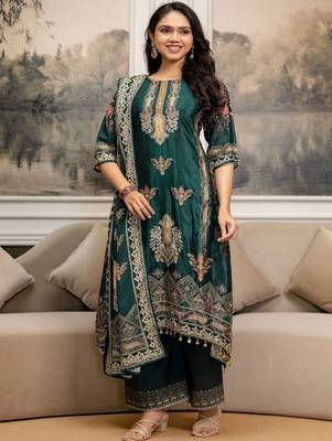 women ethnic motifs printed regular thread work kurta with palazzos & with dupatta 7