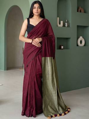 Maroon  cotton khadi saree 1