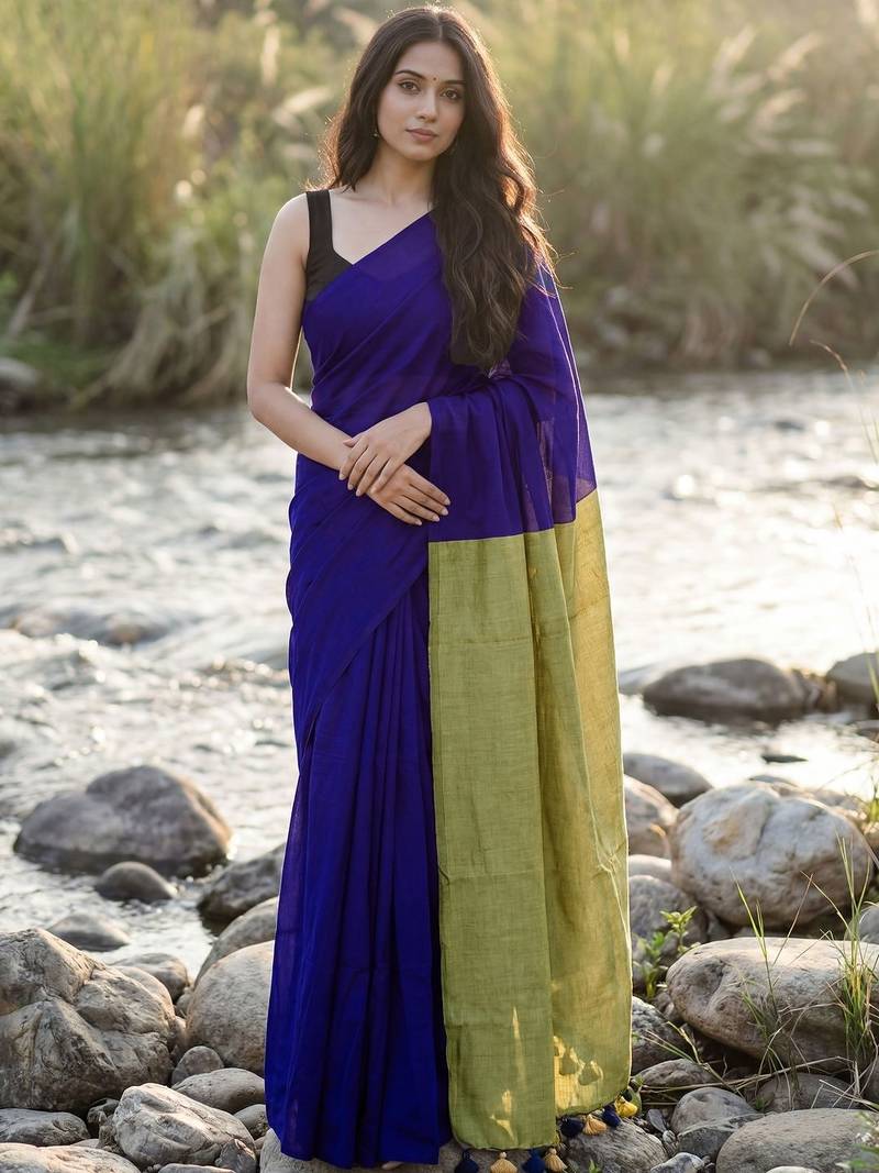 Navy blue  cotton khadi saree