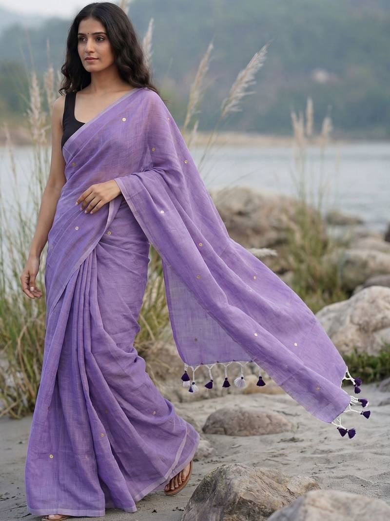 Lavender woven design sequinned  cotton khadi saree