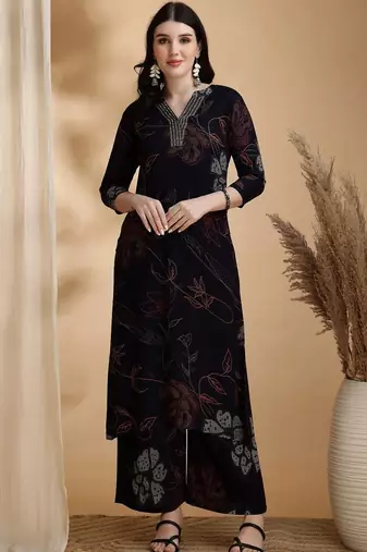 floral printed v-neck sequinned straight kurta with palazzos