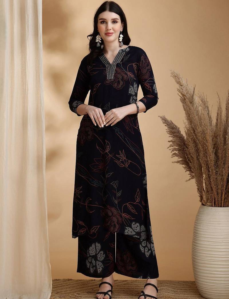 floral printed v-neck sequinned straight kurta with palazzos