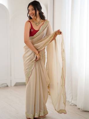 Cream embellished sequinned satin heavy work saree 1