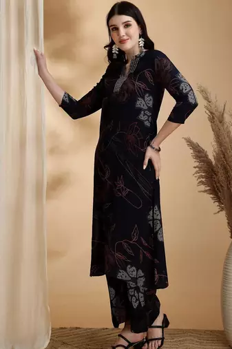 floral printed v-neck sequinned straight kurta with palazzos