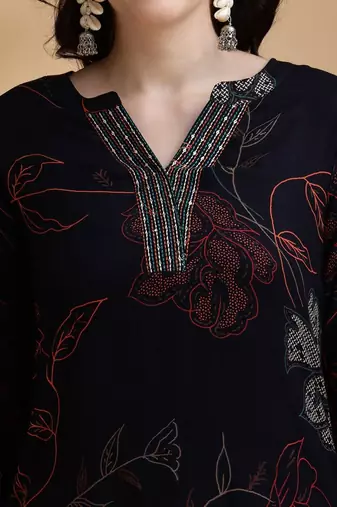 floral printed v-neck sequinned straight kurta with palazzos