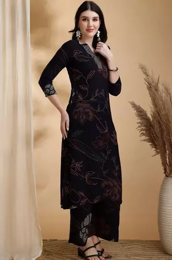 floral printed v-neck sequinned straight kurta with palazzos
