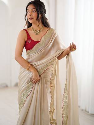 Cream embellished sequinned satin heavy work saree 2