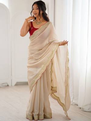 Cream embellished sequinned satin heavy work saree 3