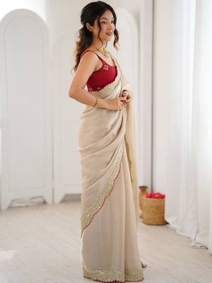 Cream embellished sequinned satin heavy work saree 4