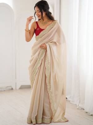 Cream embellished sequinned satin heavy work saree 5