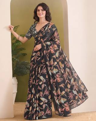 Black abstract printed pure georgette ready to wear saree 3