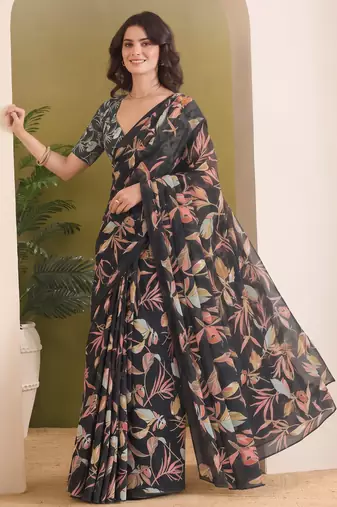 Black abstract printed pure georgette ready to wear saree