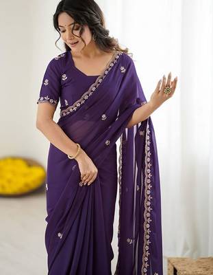Purple ethnic motifs embroidered  georgette designer saree 1