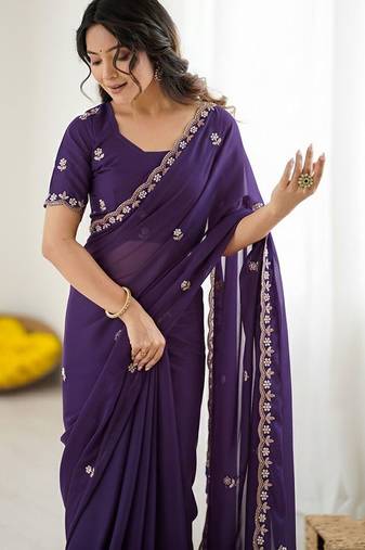 Purple ethnic motifs embroidered  georgette designer saree