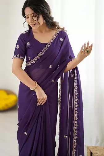 Purple ethnic motifs embroidered  georgette designer saree