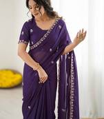 Purple ethnic motifs embroidered  georgette designer saree