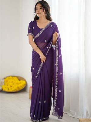 Purple ethnic motifs embroidered  georgette designer saree 2