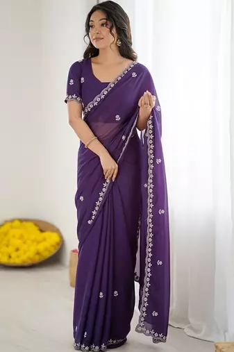 Purple ethnic motifs embroidered  georgette designer saree