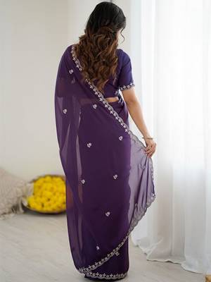 Purple ethnic motifs embroidered  georgette designer saree 3