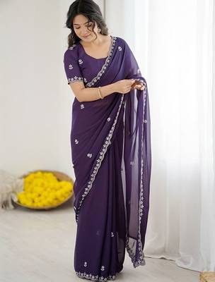 Purple ethnic motifs embroidered  georgette designer saree 4