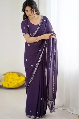 Purple ethnic motifs embroidered  georgette designer saree