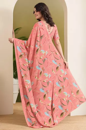 Peach abstract printed pure georgette ready to wear saree