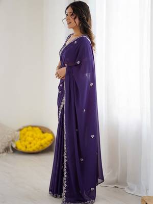 Purple ethnic motifs embroidered  georgette designer saree 5